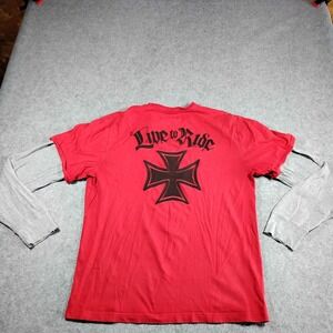 Lucky Brand Mens Red Double Layer Thermal Shirt Live to Ride Iron Cross L